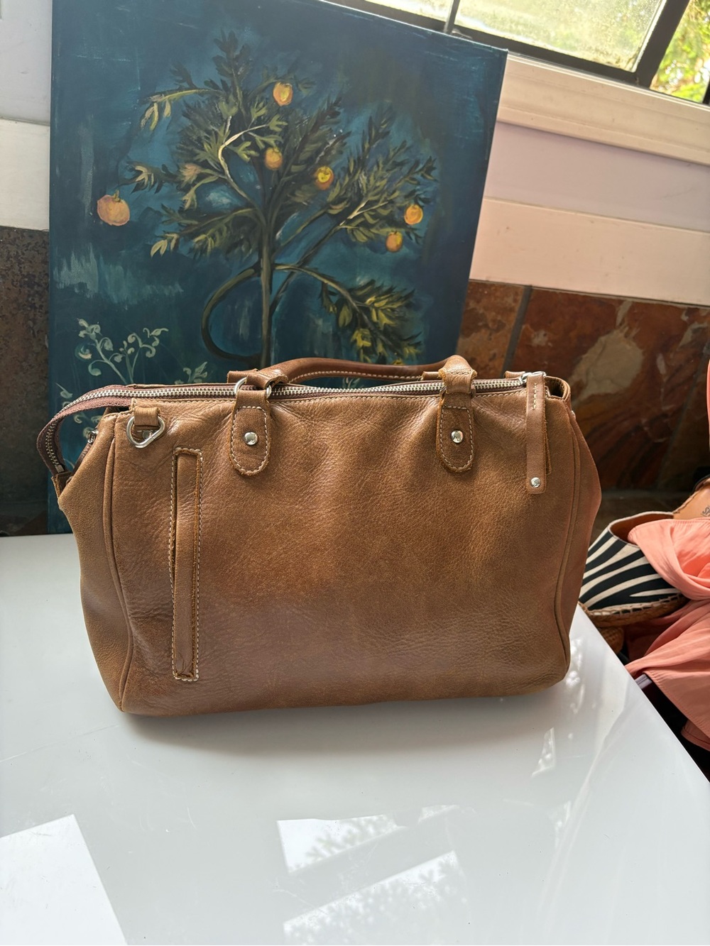 Roots Tan Leather Satchel Handbag